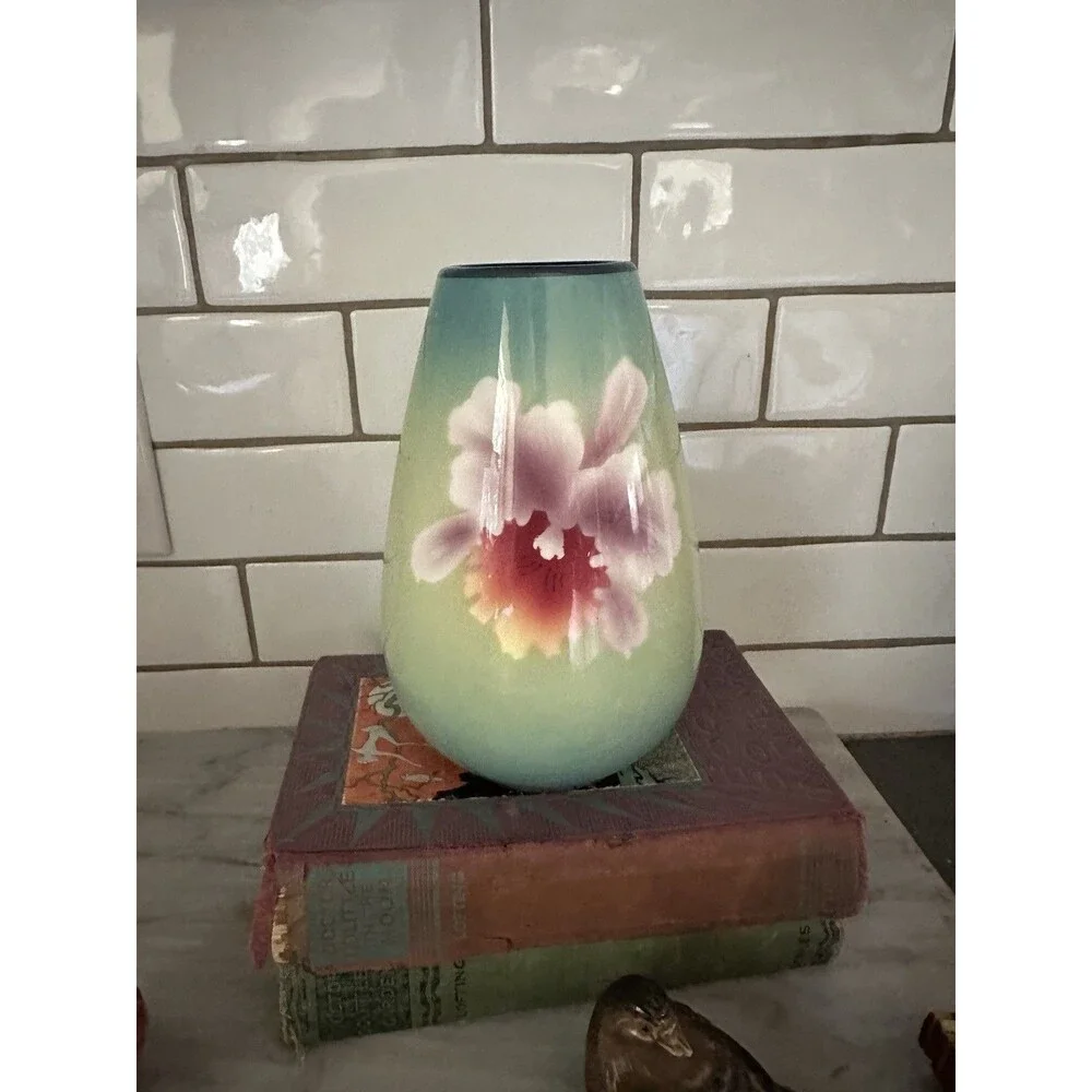 Porcelain MCM Vase in Aqua Blue with Cattleya Flower Fujiclo China Shippo Vase